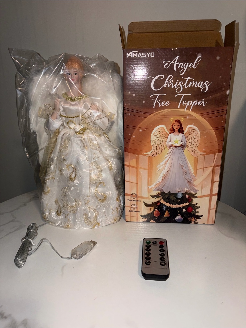 White & Gold Angel Christmas Tree Topper with Remote